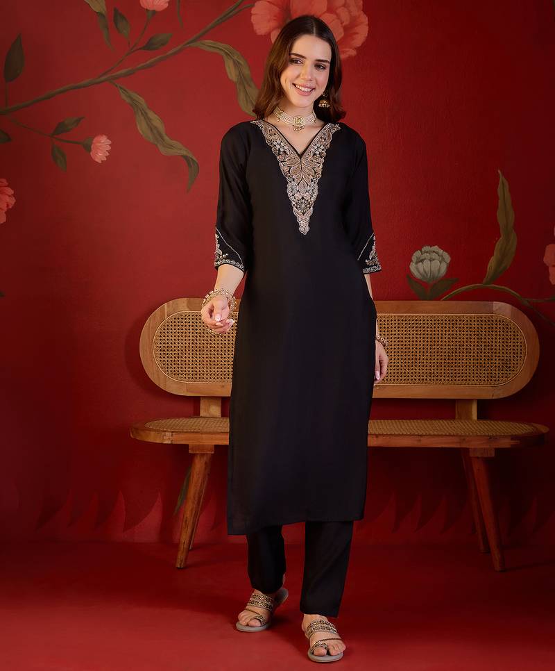 Black hand-worked kurta with pant & jacquard dupatta set