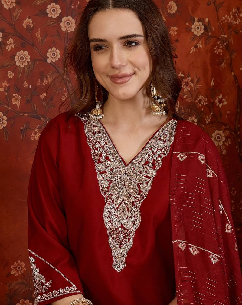 Maroon hand-worked kurta with pant & jacquard dupatta set