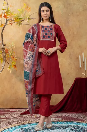 Maroon printed cotton kurta with pant and duptta