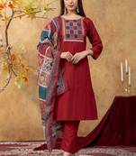 Maroon printed cotton kurta with pant and duptta