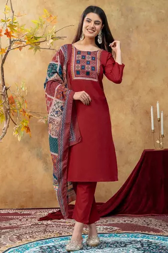 Maroon printed cotton kurta with pant and duptta