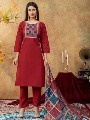 Maroon printed cotton kurta with pant and duptta 4