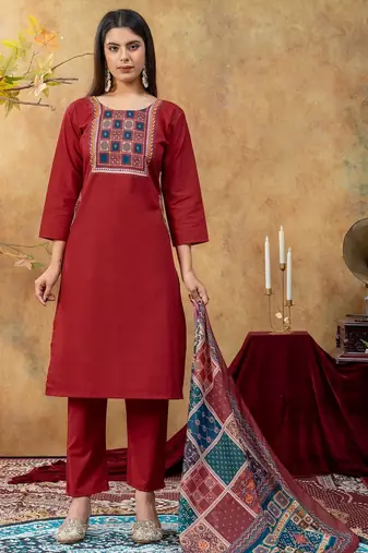 Maroon printed cotton kurta with pant and duptta
