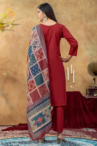Maroon printed cotton kurta with pant and duptta