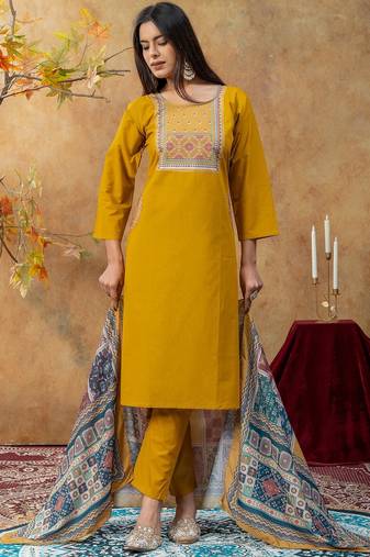 Mustard printed cotton kurta with pant and duptta