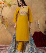 Mustard printed cotton kurta with pant and duptta