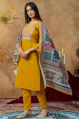Mustard printed cotton kurta with pant and duptta