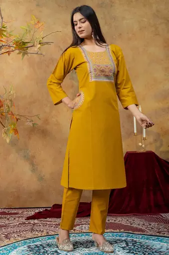 Mustard printed cotton kurta with pant and duptta