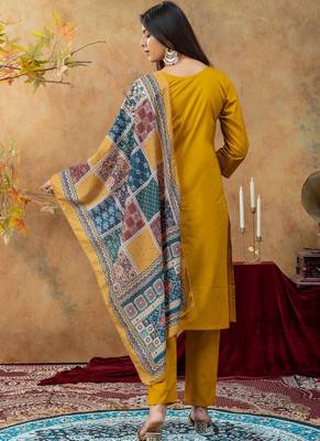 Mustard printed cotton kurta with pant and duptta 5