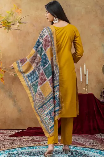 Mustard printed cotton kurta with pant and duptta
