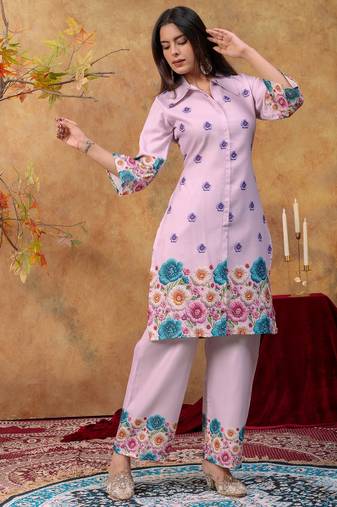 Lavender printed cotton kurta with duptta