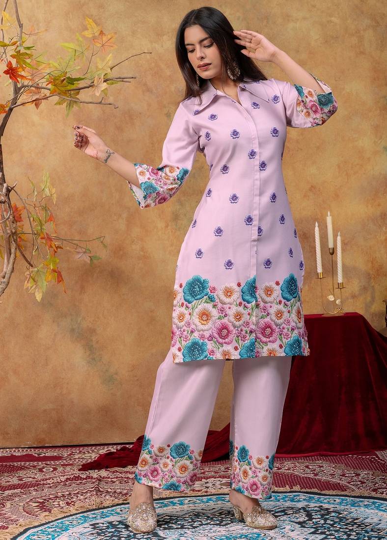 Lavender printed cotton kurta with duptta