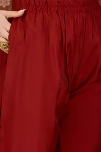 Maroon hand-worked kurta with pant & jacquard dupatta set