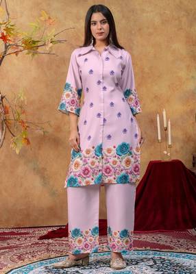 Lavender printed cotton kurta with duptta 2