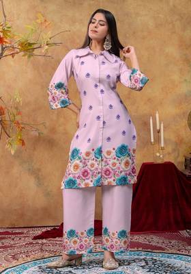 Lavender printed cotton kurta with duptta 3
