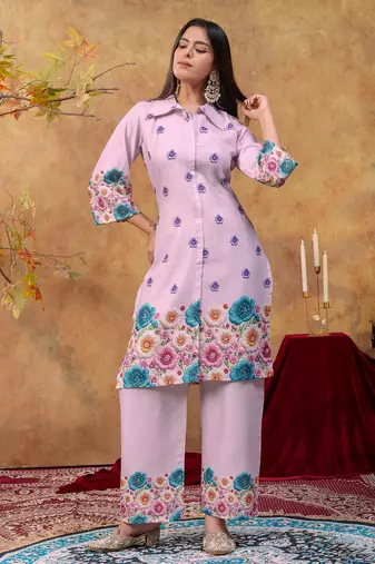 Lavender printed cotton kurta with duptta