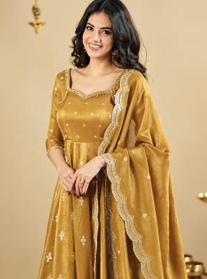 Mustard Yellow Embroidered Anarkali Gown with Intricate Zari Work & Flared Ethnic Party Wear Dress 2