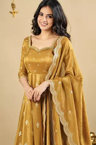 Mustard Yellow Embroidered Anarkali Gown with Intricate Zari Work & Flared Ethnic Party Wear Dress