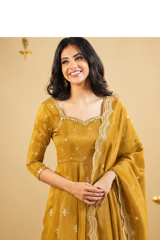 Mustard Yellow Embroidered Anarkali Gown with Intricate Zari Work & Flared Ethnic Party Wear Dress 4