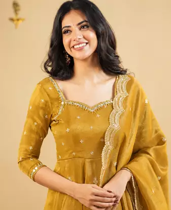 Mustard Yellow Embroidered Anarkali Gown with Intricate Zari Work & Flared Ethnic Party Wear Dress
