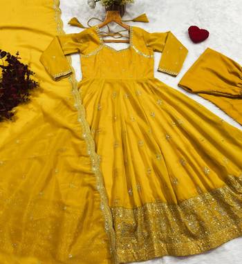 Mustard Yellow Embroidered Anarkali Gown with Intricate Zari Work & Flared Ethnic Party Wear Dress 5