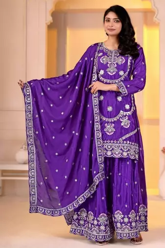 Purple chinon  silk   party  embroidery wear  sharara suit set