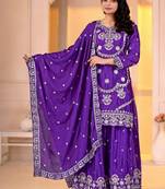 Purple chinon  silk   party  embroidery wear  sharara suit set