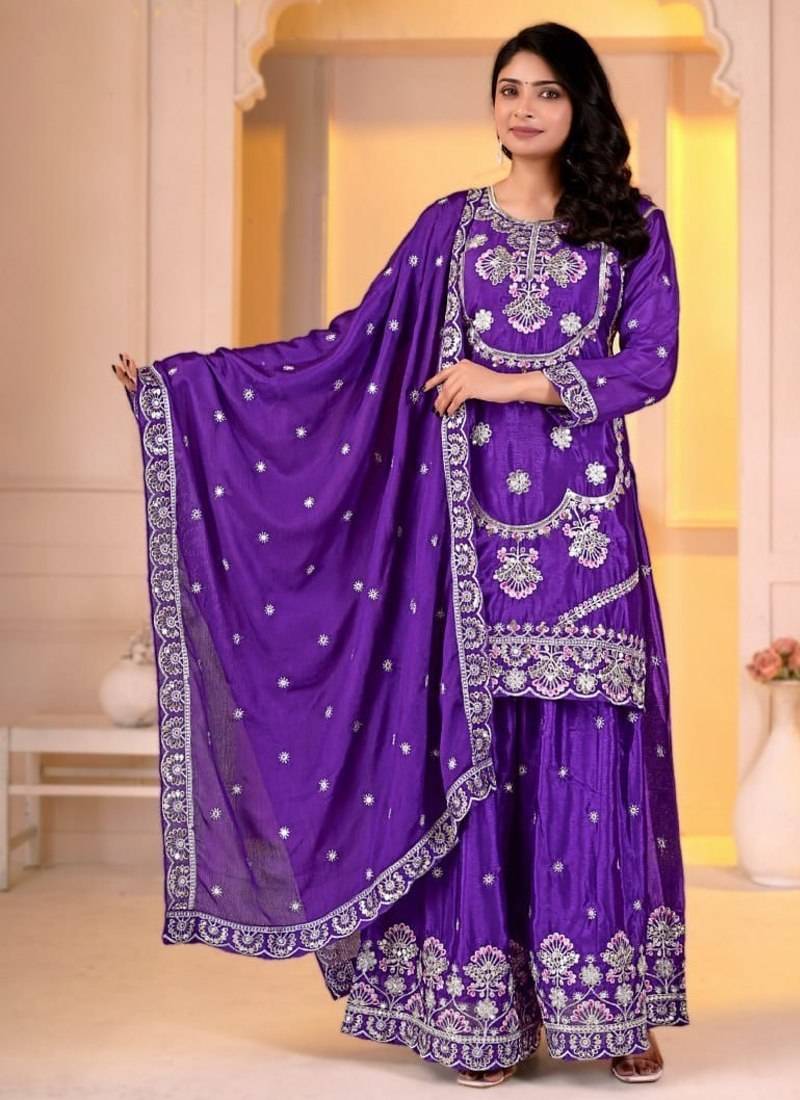 Purple chinon  silk   party  embroidery wear  sharara suit set