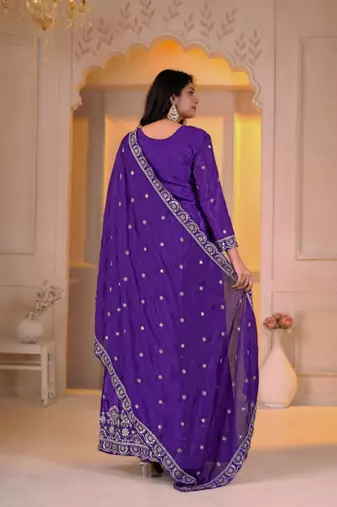 Purple chinon  silk   party  embroidery wear  sharara suit set