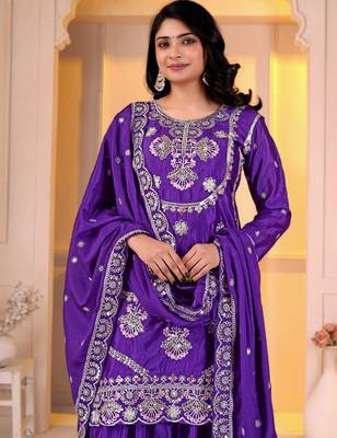 Purple chinon  silk   party  embroidery wear  sharara suit set 4