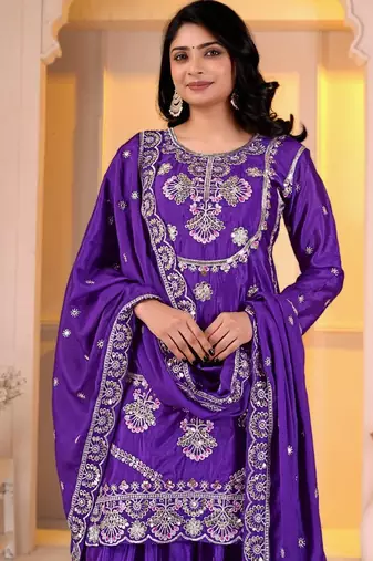 Purple chinon  silk   party  embroidery wear  sharara suit set