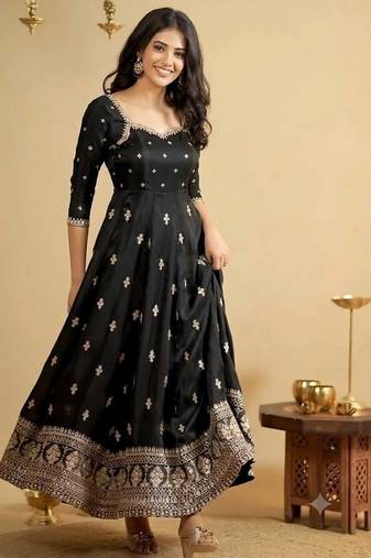 Black Embroidered Anarkali Gown with Intricate Zari Work & Flared Ethnic Party Wear Dress