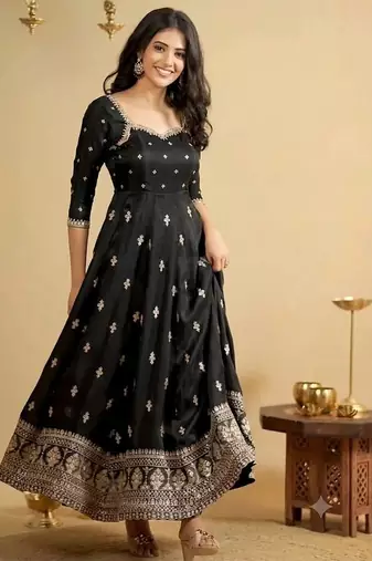 Black Embroidered Anarkali Gown with Intricate Zari Work & Flared Ethnic Party Wear Dress