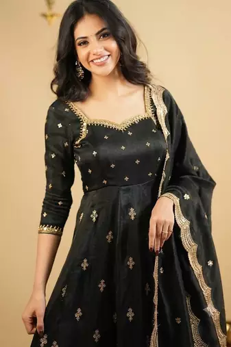 Black Embroidered Anarkali Gown with Intricate Zari Work & Flared Ethnic Party Wear Dress