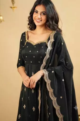 Black Embroidered Anarkali Gown with Intricate Zari Work & Flared Ethnic Party Wear Dress