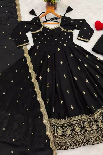 Black Embroidered Anarkali Gown with Intricate Zari Work & Flared Ethnic Party Wear Dress