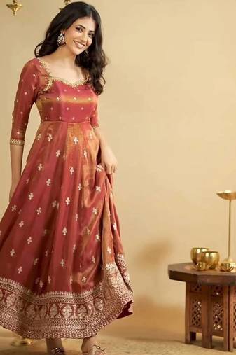Rust Embroidered Anarkali Gown with Intricate Zari Work & Flared Ethnic Party Wear Dress