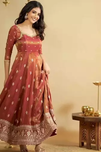 Rust Embroidered Anarkali Gown with Intricate Zari Work & Flared Ethnic Party Wear Dress