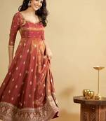 Rust Embroidered Anarkali Gown with Intricate Zari Work & Flared Ethnic Party Wear Dress