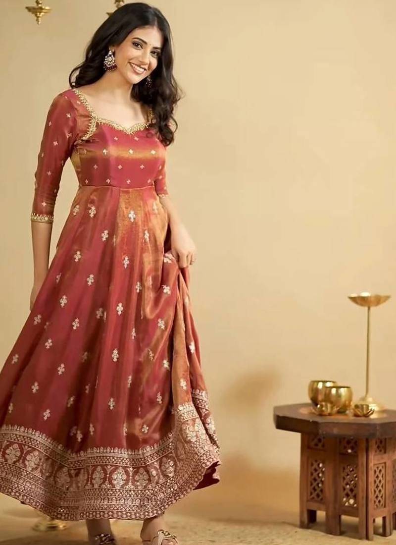 Rust Embroidered Anarkali Gown with Intricate Zari Work & Flared Ethnic Party Wear Dress