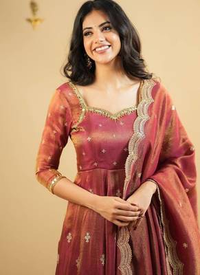 Rust Embroidered Anarkali Gown with Intricate Zari Work & Flared Ethnic Party Wear Dress 3