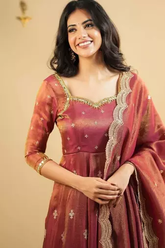 Rust Embroidered Anarkali Gown with Intricate Zari Work & Flared Ethnic Party Wear Dress