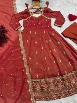 Rust Embroidered Anarkali Gown with Intricate Zari Work & Flared Ethnic Party Wear Dress 4