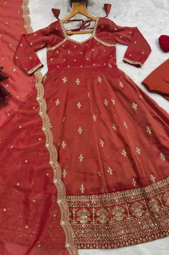 Rust Embroidered Anarkali Gown with Intricate Zari Work & Flared Ethnic Party Wear Dress