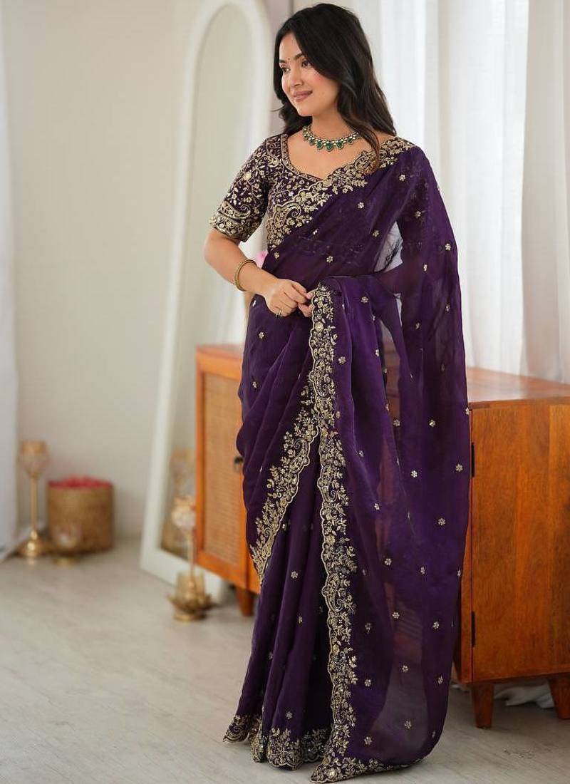Designer Thread, Sequin Embroidery saree For Festive Party wear