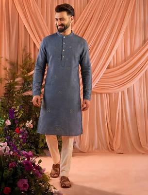 Blue men’s linen cotton embroidered kurta pajama set 1