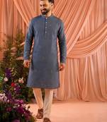 Blue men’s linen cotton embroidered kurta pajama set