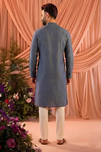 Blue men’s linen cotton embroidered kurta pajama set