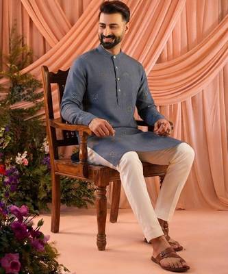 Blue men’s linen cotton embroidered kurta pajama set 4