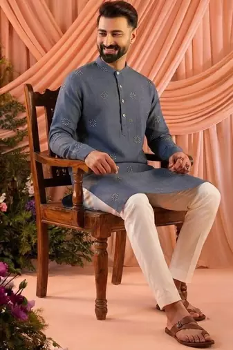 Blue men’s linen cotton embroidered kurta pajama set